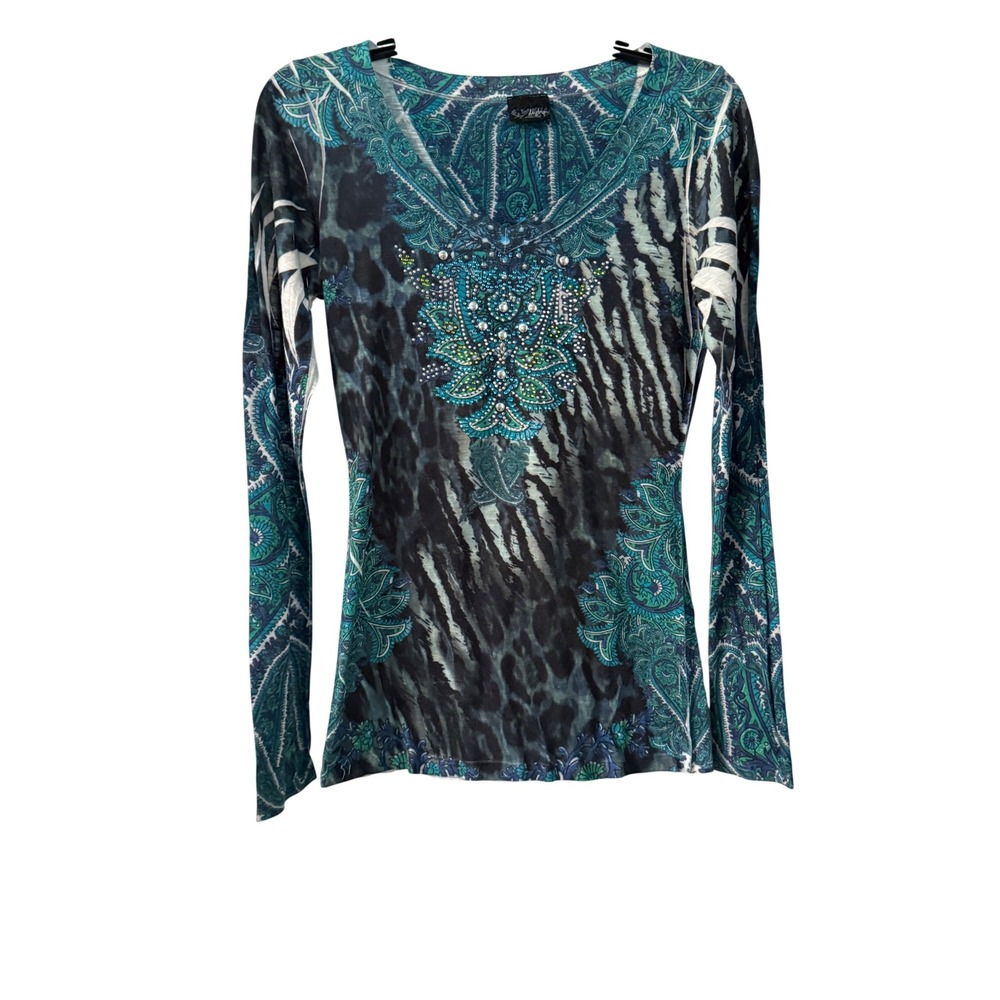 Daytrip Womens Y2K Bling Slim Fit Long Sleeve Teal Animal Paisley Rocker Top